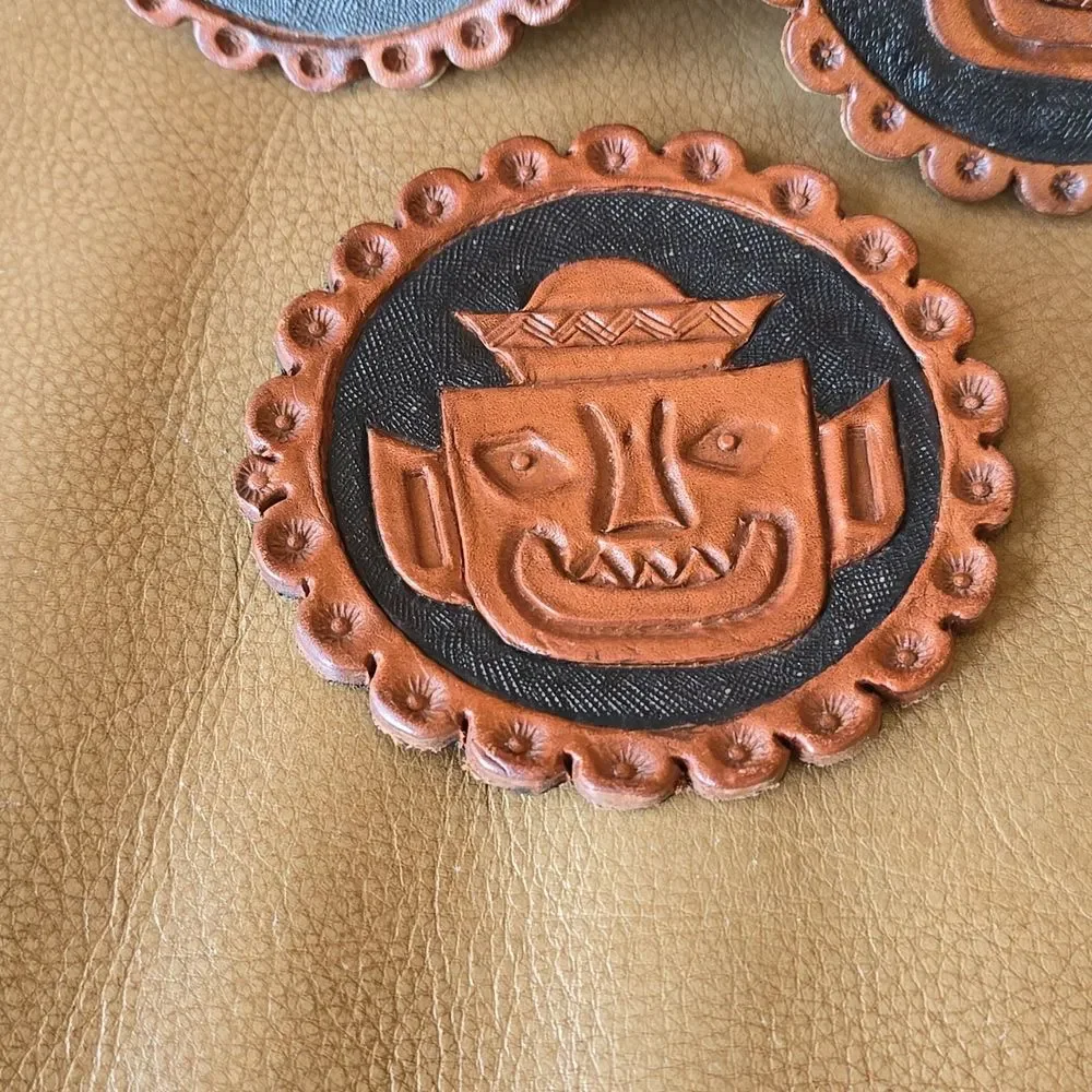 Leather Coaster Set of 3 | Characters AZTEC MAYAN INCA Heads | Hand Tooled